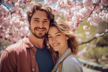 Fototapeta premium smiling beauty woman and handsome young adult man in close-up with spring background with pink sakura flowers in full bloom, summer day. Generative AI