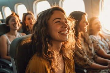 on the plane, on the flight, in the plane seat, huge anticipation when the plane takes off or lands, young adults or teenagers are going on summer vacation, sunshine on the plane window. Generative AI