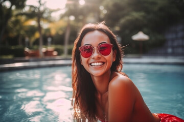 young adult woman on vacation, hotel or villa with private swimming pool, joyful smiling face while swimming, tropical vacation. Generative AI