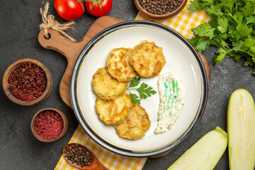 top view delicious cooked squashes with seasonings and tomatoes on grey background meal food dinner squash slice