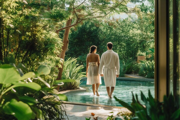 adult man and woman proud and satisfied, lifestyle and wellbeing, organic vegan or eco, guru or alternative medicine or yoga and meditation, man in green bathrobe at swimming pool. Generative AI