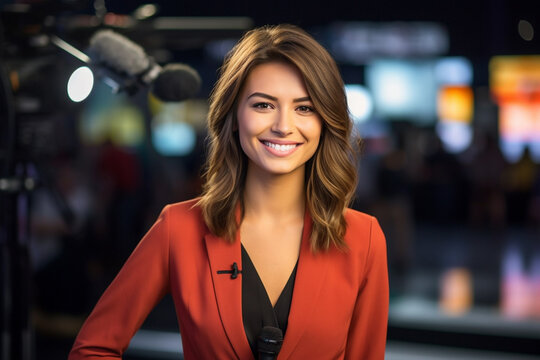tv presenter in the tv studio, portrait video recording, smiling friendly sympathetic face, news streaming. Generative AI