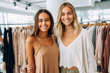 two young adult women, attractive beautiful pretty, shopping in clothing store, clothes shopping. Generative AI