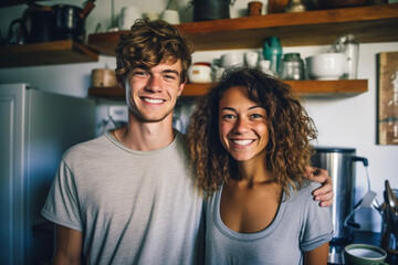 young adult woman and man at home in the kitchen, smiling happy relaxed, joyful wellbeing in free time, kitchen window with daylight. Generative AI