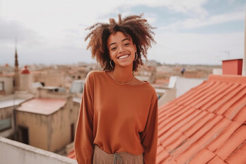 young adult woman on a balcony or flat roof with a view over a city, city trip or excursion on vacation, warm summer temperatures. Generative AI