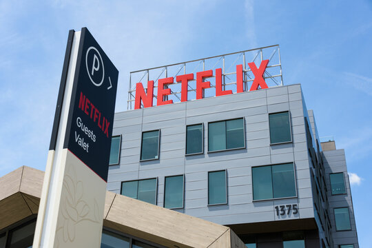 Signs atop the Netflix Hollywood Offices on Vine St. in Los Angeles, California