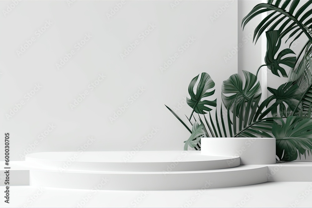 Wall mural Minimalistic White Vase with a Vibrant Green Plant against a White Wall Generative AI