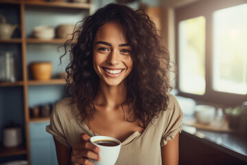 young adult woman at home in the kitchen with a cup in hand, coffee or tea, smiling happy relaxed, joyful wellbeing in free time, kitchen window with daylight. Generative AI - obrazy, fototapety, plakaty