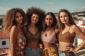 Obraz premium group of young adult women go on a trip together, vantage point over an old town, fictitious place. Generative AI