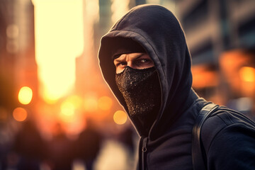 young man or adolescent youth with a hooded jacket and a grim look in a side street, violent riots or demonstrations or criminal crimes of violence in public. Generative AI
