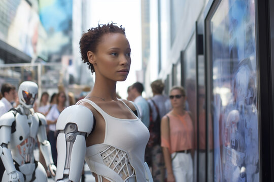 a woman half-robot or a humanoid android with artificial intelligence parts or a technological upgrade as human evolution, mechanical body parts. Generative AI