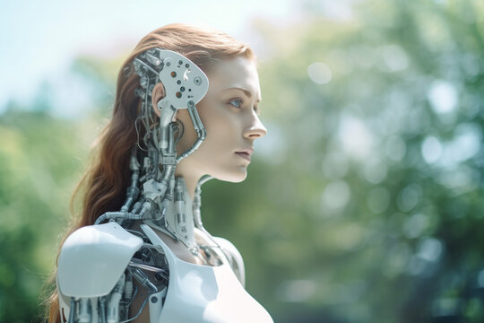 a woman half-robot or a humanoid android with artificial intelligence parts or a technological upgrade as human evolution, mechanical body parts. Generative AI