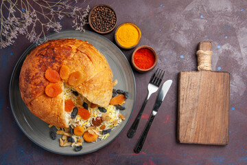 top view delicious shakh plov with raisins and different seasonings on dark background rice dough cooking meal dinner