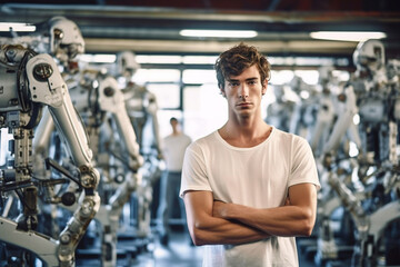 a young man between rows of robots, fictitious happening. Generative AI