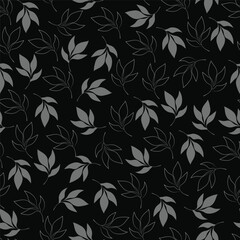 A black and silver pattern with leaves on a black background