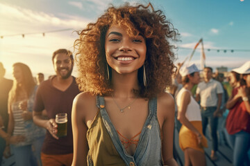 young adult woman on a balcony or on a flat rooftop, party or meeting with friends or tourists, vacation day or nightlife in an old town, fictional place. Generative AI