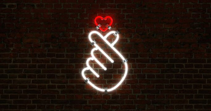 3D K-Pop Finger Heart Shaped Neon Lamp Flickering Light on Dark Brick Wall Background Animation