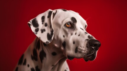 Spotted Beauty: Portrait of a Dalmatian Dog on Red Background -Generative AI