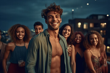 Fototapeta premium young adult man on a sunny day on a balcony or on a flat rooftop, party or meeting with friends or tourists, vacation day in an old town, fictional place. Generative AI