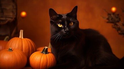 Pretty Black Cat Among Orange Pumpkins on Orange Background-Generative AI