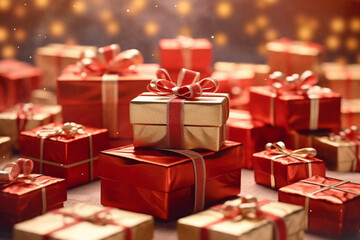 Obraz premium christmas presents in row and pile of christmas gifts. Generative AI