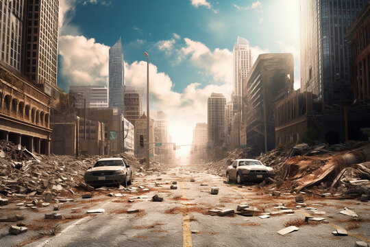 Post apocalyptic city background. Destroyed buildings, cracked road Generative AI
