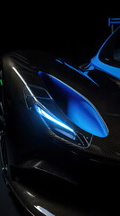 Fototapeta na wymiar Aerodynamic blue exotic supercar detail of gloss carbon part with beautiful shapes. Generative AI