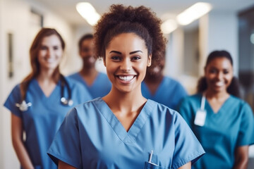 nurse or nurses in a hospital or nursing home, smiling women indoor. Generative AI - obrazy, fototapety, plakaty