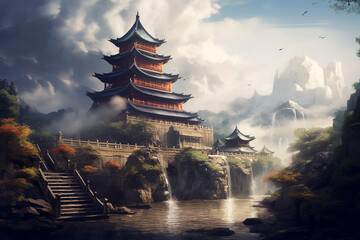 chinese temple viewpoint by the lake, fictional scene. Generative AI - obrazy, fototapety, plakaty