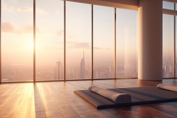 yoga mat with a panoramic city view from a large window Generative AI