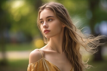 Naklejka premium teenager or young adult outdoors in nature or garden or park, green plants or trees in background, slim figure, tank top in summer in sunshine. Generative AI