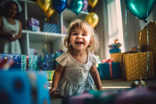 little kid laughing and looking forward smiling, hands and arms up with joy, birthday and birthday gifts. Generative AI