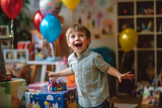 little kid laughing and looking forward smiling, hands and arms up with joy, birthday and birthday gifts. Generative AI