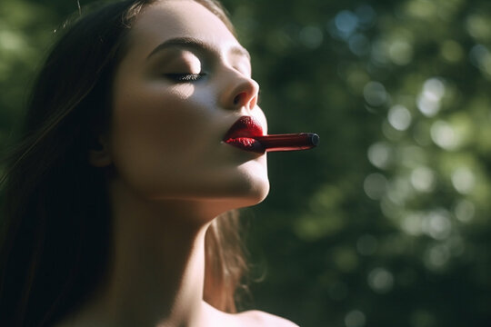 Young adult woman smoking Vipe electronic cigarette outdoors in nature, enjoying it. Generative AI