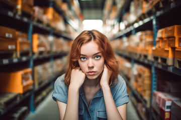 young stressed woman, hurry or busy, warehouse and logistic center, job and everyday life at work. Generative AI