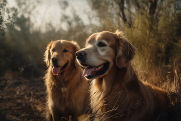 Obraz premium golden retriever pack, running outside in the wild, cute dogs, generative ai 