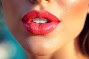 Fototapeta premium young adult woman with red lipstick. Generative AI