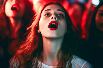 overemotional fan or groupie or stalker, young adult woman or teenage girl, live at a festival or concert, singing or marveling in the crowd in the audience. Generative AI