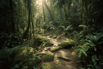 Rainforest, natural sunlight, nature, trees, generative ai 