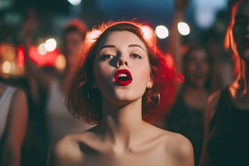 Fototapeta premium young woman singing along emotionally at a festival or concert, open mouth, red lips. Generative AI