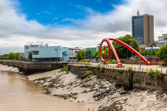 Newport embankment of the river Usk and sculpture "The Wave" , Wales, UK