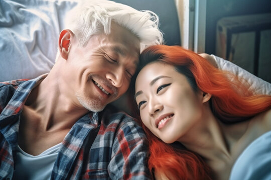 Adult young people, man and woman, Asian, leaning head to head, waking up together in the morning, dyed hair, on the pillow. Generative AI