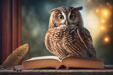 Owl sitting behind an opened book lying on wooden table, Generative AI