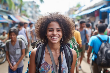 Fototapeta premium young attractive adult woman in tropical weather temperatures in a tourist crowded side street for tourists, fictional place. Generative AI