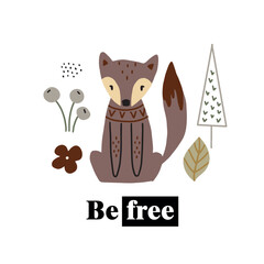 Cute fox in the forest. T-shirt graphics for kids vector illustration. Scandinavian design. Fir forest and fox.