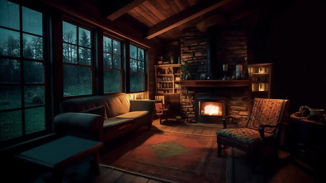 rain cabin fireplace relax study ambient environment