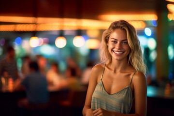 Fototapeta premium young adult woman is out and about, city or party or restaurant in the evening or at night. Generative AI