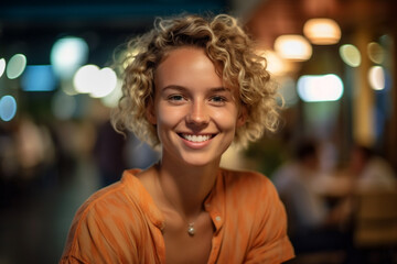 young adult woman is out and about, city or party or restaurant in the evening or at night. Generative AI