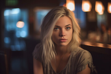 Obraz premium a young adult female or teenager outside in a cafe or bar, alone, gloomy or introverted or sad alone, fictional location. Generative AI