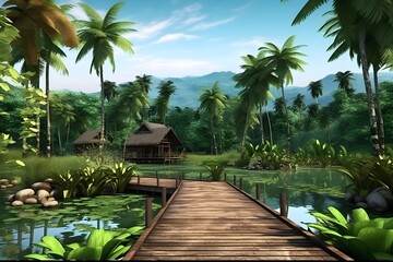 Beautiful scenery of nature for landscape background.  Malay style and environment. Created with Generative AI technology.